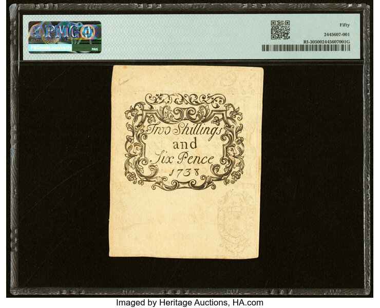 image for: Rhode Island August 22, 1738 2s 6d PMG About Uncirculated 50....