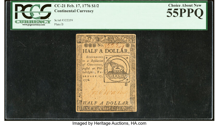 image for: Continental Currency February 17, 1776 $1/2 PCGS Choice About New 55PPQ....