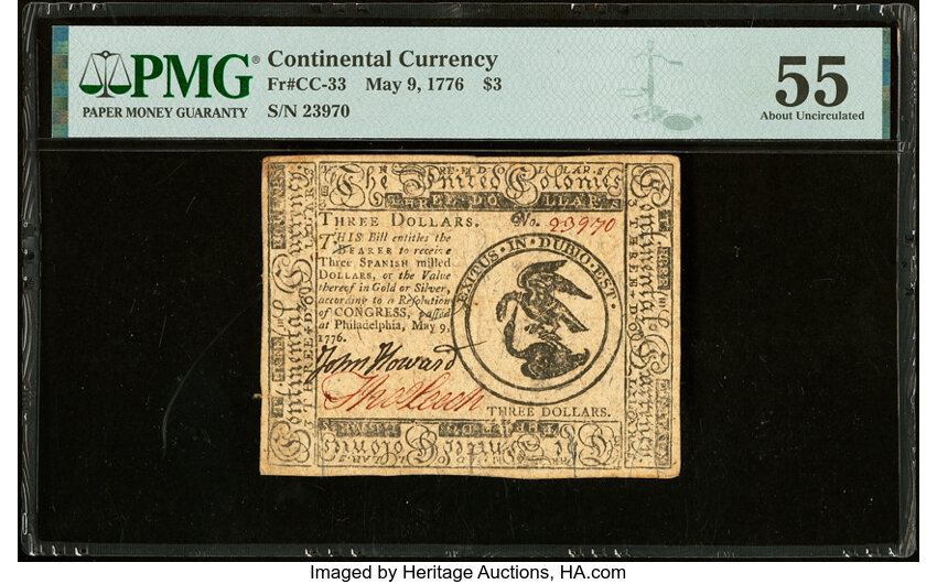 image for: Continental Currency May 9, 1776 $3 PMG About Uncirculated 55....