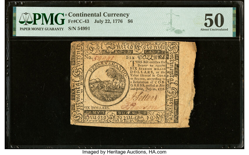 image for: Continental Currency July 22, 1776 $6 PMG About Uncirculated 50....