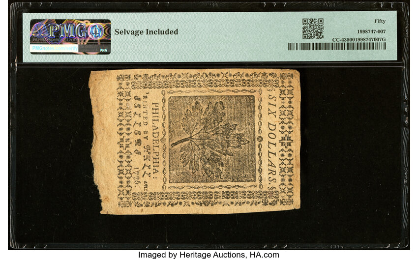 image for: Continental Currency July 22, 1776 $6 PMG About Uncirculated 50....