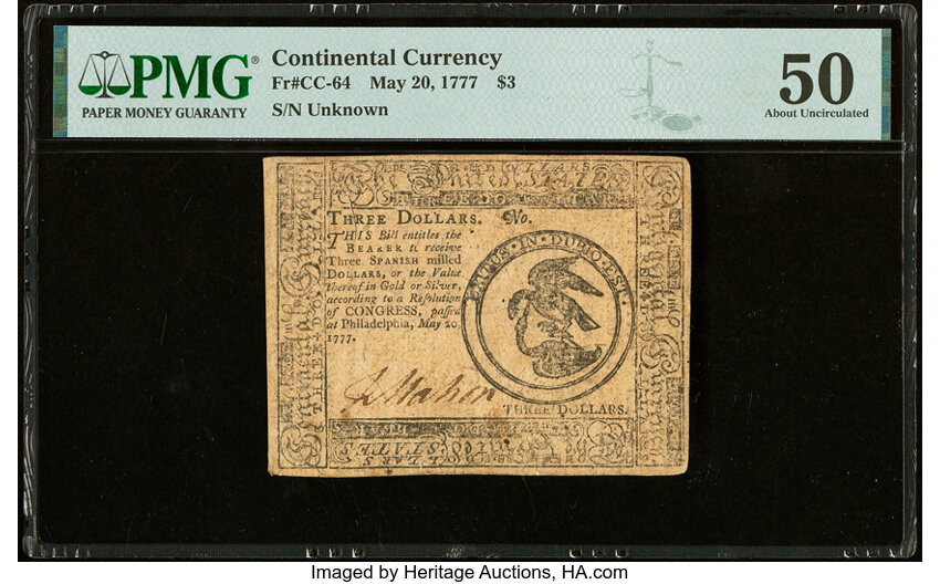image for: Continental Currency May 20, 1777 $3 PMG About Uncirculated 50....