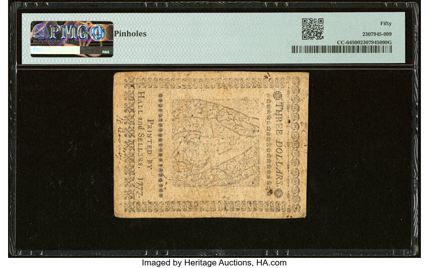 image for: Continental Currency May 20, 1777 $3 PMG About Uncirculated 50....