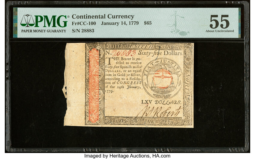 image for: Continental Currency January 14, 1779 $65 PMG About Uncirculated 55....