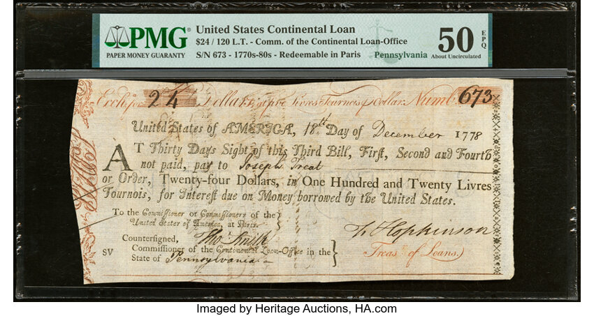 image for: Continental Loan Office in the State of Pennsylvania Third Bill of Exchange for $24/120 Livres Tournois Payable at Paris Decem...