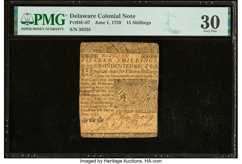 image for: Delaware June 1, 1759 15s PMG Very Fine 30....