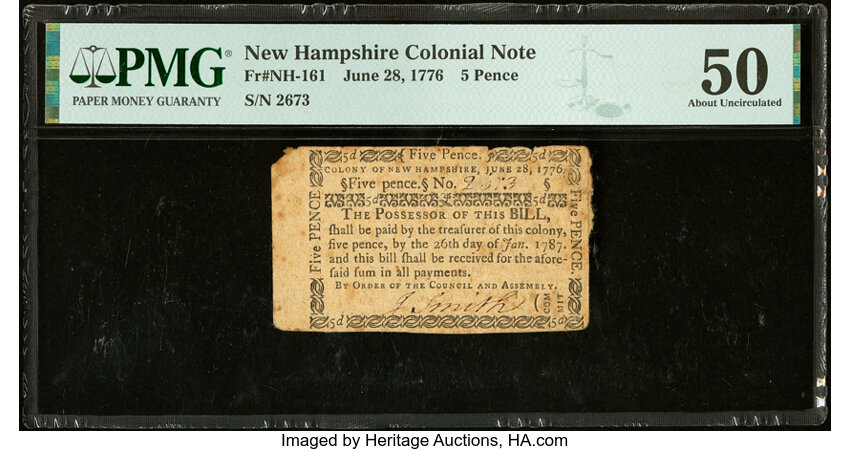 image for: New Hampshire June 28, 1776 5d PMG About Uncirculated 50....