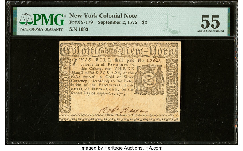 image for: New York September 2, 1775 $3 PMG About Uncirculated 55....