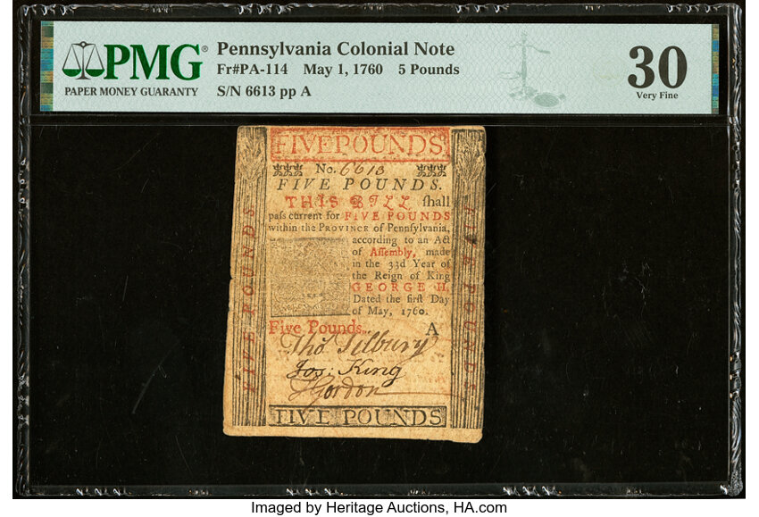 image for: Pennsylvania May 1, 1760 £5 PMG Very Fine 30....