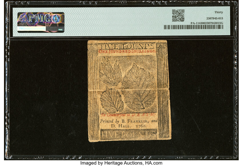 image for: Pennsylvania May 1, 1760 £5 PMG Very Fine 30....
