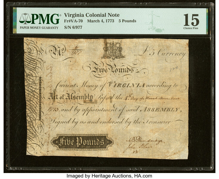 image for: Virginia March 4, 1773 £5 PMG Choice Fine 15....