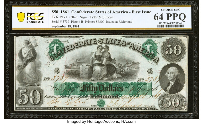 image for: T6 $50 1861 PCGS Banknote Choice Unc 64 PPQ....