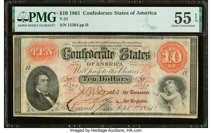 image for: T24 $10 1861 PF-1 Cr. 156 PMG About Uncirculated 55 EPQ....