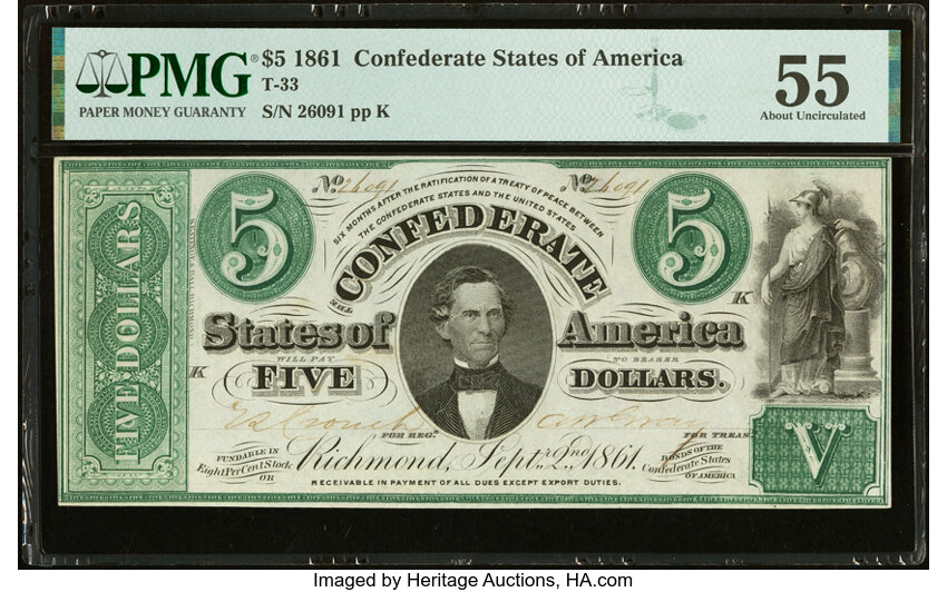 image for: T33 $5 1861 PF-7 Cr. 254Ba Plate State II PMG About Uncirculated 55....