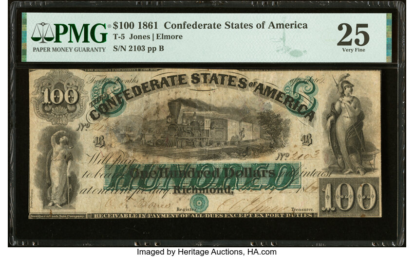 image for: T5 $100 1861 PF-1 Cr. 5 Jones Signature PMG Very Fine 25....