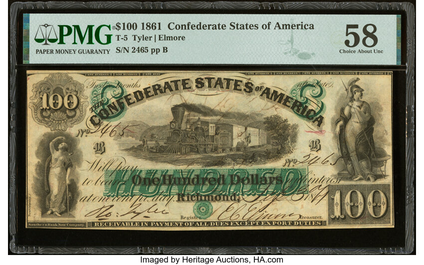 image for: Military Endorsement "Maj. W.J. Anderson QM" T5 $100 1861 PF-1 Cr. 5 PMG Choice About Unc 58....