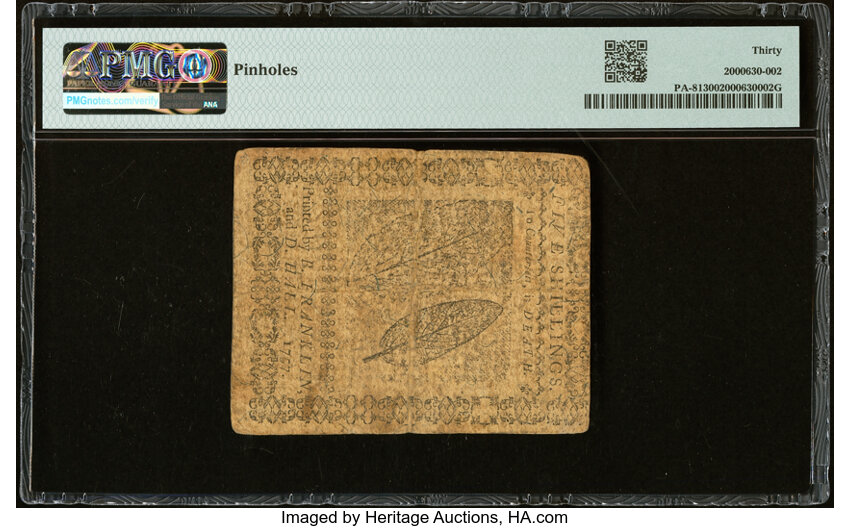 image for: Pennsylvania March 10, 1757 5s PMG Very Fine 30....
