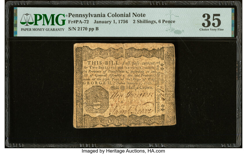 image for: Pennsylvania January 1, 1756 2s 6d PMG Choice Very Fine 35....