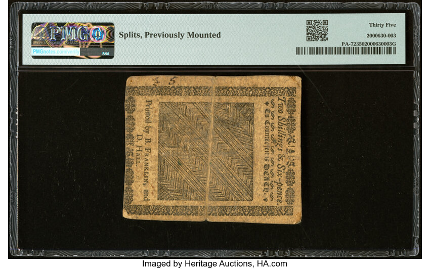 image for: Pennsylvania January 1, 1756 2s 6d PMG Choice Very Fine 35....