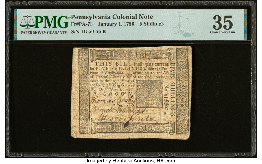 image for: Pennsylvania January 1, 1756 5s PMG Choice Very Fine 35....