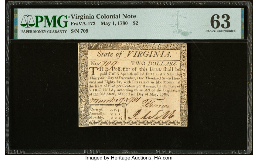 image for: Virginia May 1, 1780 $2 PMG Choice Uncirculated 63....