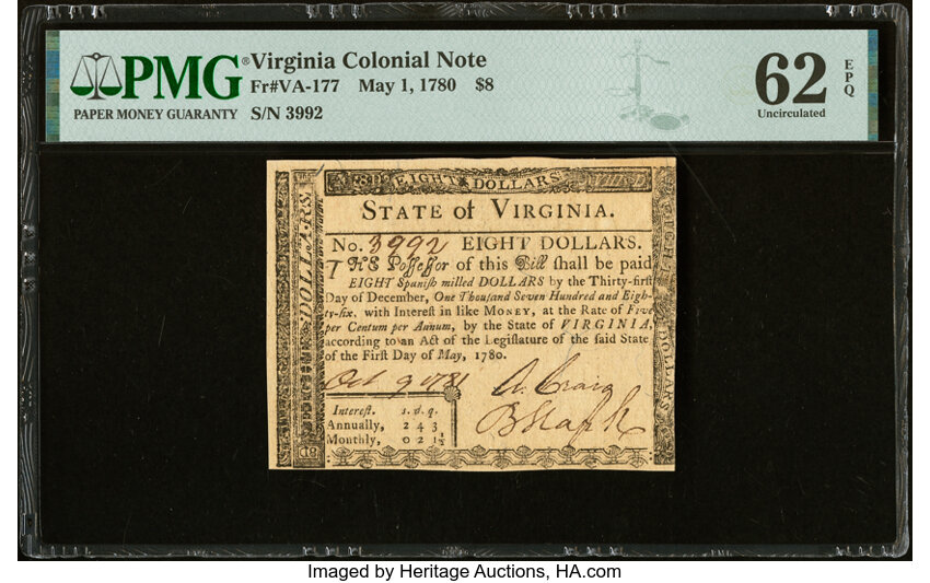 image for: Virginia May 1, 1780 $8 PMG Uncirculated 62 EPQ....