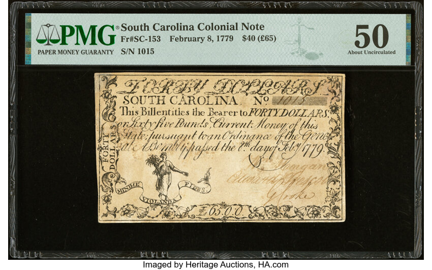 image for: South Carolina February 8, 1779 $40 PMG About Uncirculated 50....