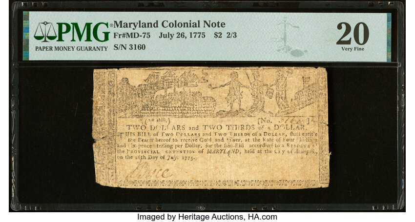 image for: Maryland July 26, 1775 $2 2/3 PMG Very Fine 20....