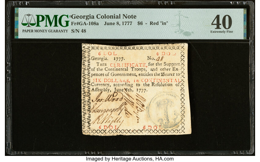 image for: Georgia June 8, 1777 $6 PMG Extremely Fine 40....