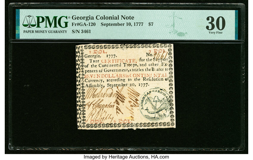 image for: Georgia September 10, 1777 $7 PMG Very Fine 30....