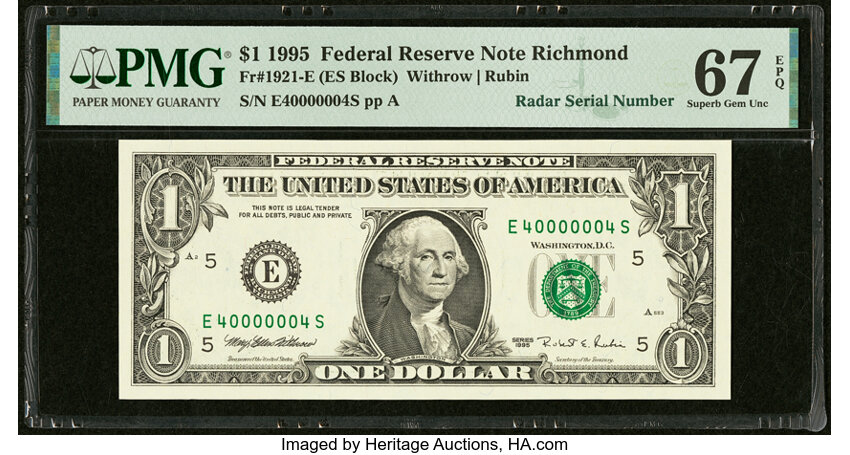 image for: Fancy Radar Serial Number 40000004 Fr. 1921-E $1 1995 Federal Reserve Note. PMG Superb Gem Unc 67 EPQ....