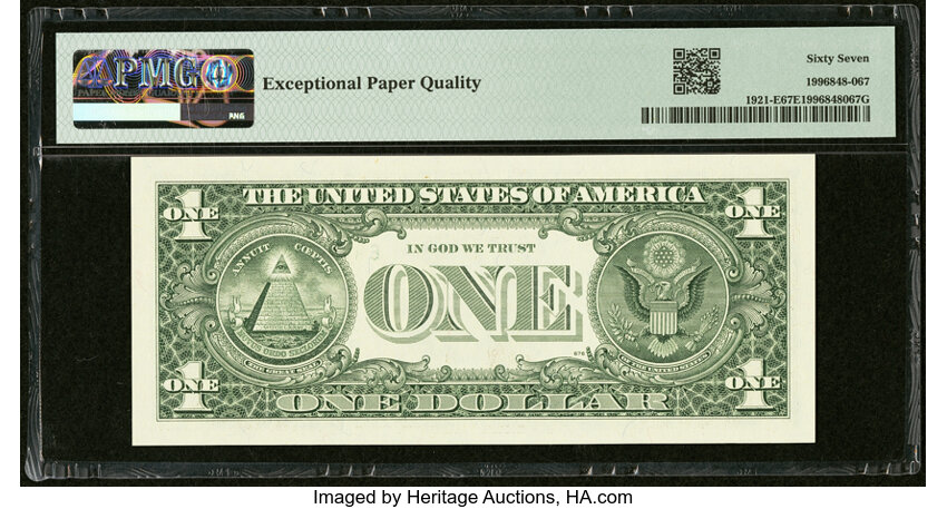 image for: Fancy Radar Serial Number 40000004 Fr. 1921-E $1 1995 Federal Reserve Note. PMG Superb Gem Unc 67 EPQ....