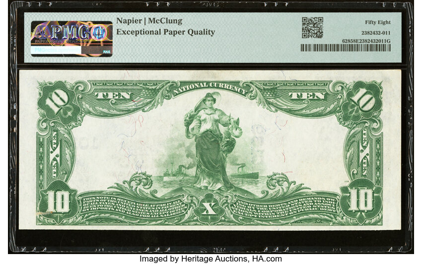 image for: Sioux City, IA - $10 1902 Plain Back Fr. 628 The Toy National Bank Ch. # 10139 PMG Choice About Unc 58 EPQ....