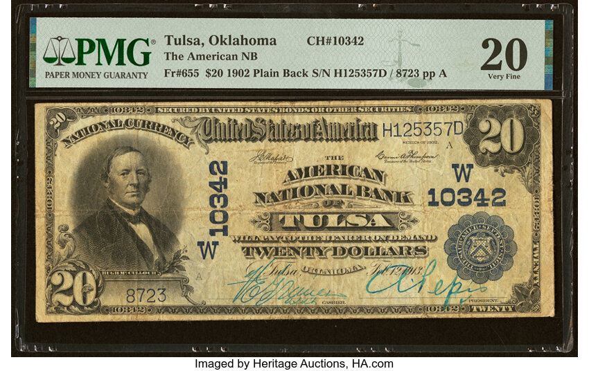 image for: Tulsa, OK - $20 1902 Plain Back Fr. 655 The American National Bank Ch. # (W)10342 PMG Very Fine 20....