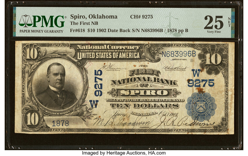 image for: Spiro, OK - $10 1902 Date Back Fr. 618 The First National Bank Ch. # (W)9275 PMG Very Fine 25 Net....