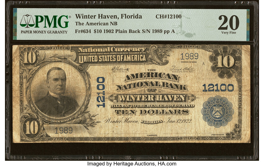 image for: Winter Haven, FL - $10 1902 Plain Back Fr. 634 The American National Bank Ch. # 12100 PMG Very Fine 20....