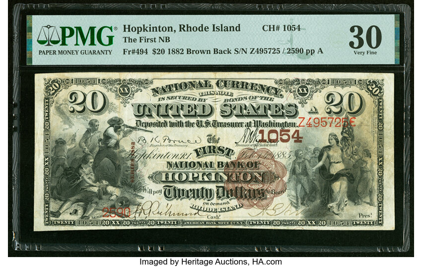image for: Hopkinton, RI - $20 1882 Brown Back Fr. 494 The First National Bank Ch. # 1054 PMG Very Fine 30....