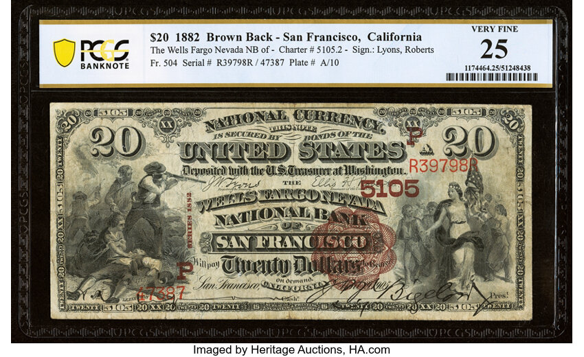 image for: San Francisco, CA - $20 1882 Brown Back Fr. 504 Wells-Fargo Nevada National Bank Ch. # (P)5105 PCGS Banknote Very Fine 25....