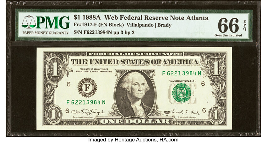 image for: Fr. 1917-F $1 1988A Web Press Experimental Federal Reserve Note. PMG Gem Uncirculated 66 EPQ....