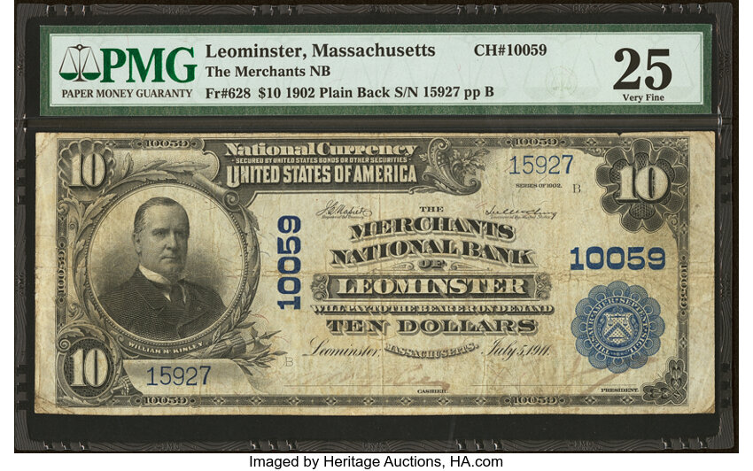 image for: Leominster, MA - $10 1902 Plain Back Fr. 628 The Merchants National Bank Ch. # 10059 PMG Very Fine 25....
