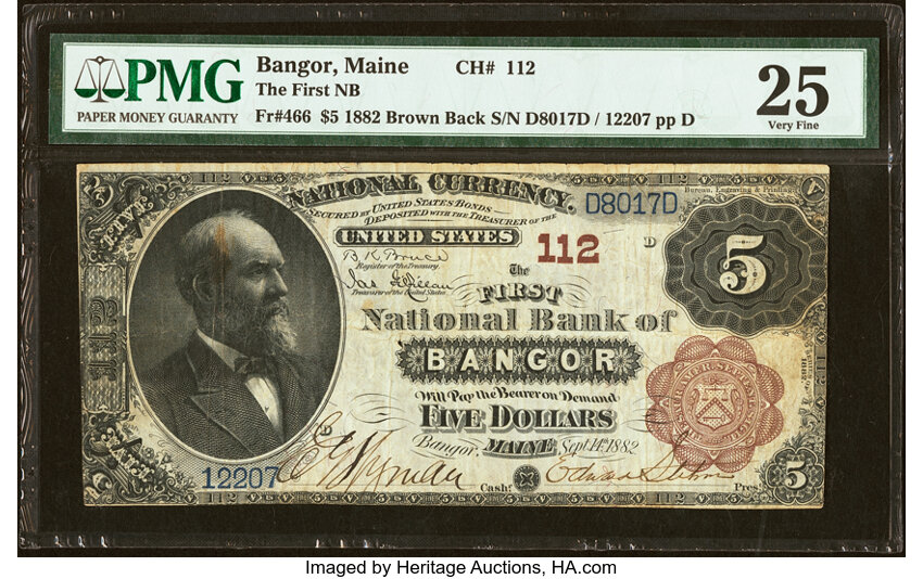 image for: Bangor, ME - $5 1882 Brown Back Fr. 466 The First National Bank Ch. # 112 PMG Very Fine 25....