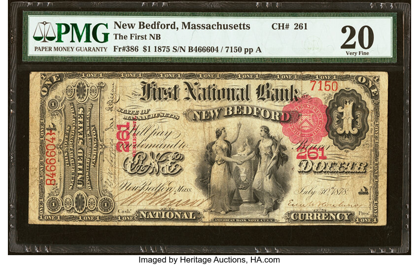 image for: New Bedford, MA - $1 1875 Fr. 386 The First National Bank Ch. # 261 PMG Very Fine 20....