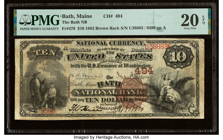 image for: Bath, ME - $10 1882 Brown Back Fr. 479 The Bath National Bank Ch. # 494 PMG Very Fine 20 EPQ....