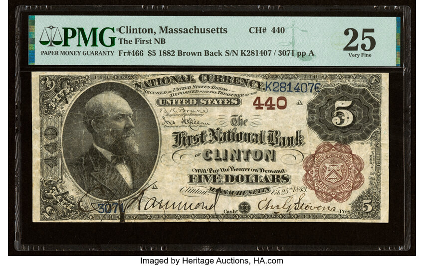 image for: Clinton, MA - $5 1882 Brown Back Fr. 466 The First National Bank Ch. # 440 PMG Very Fine 25....