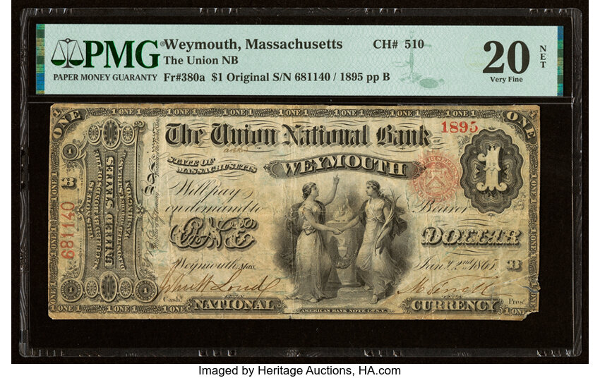 image for: Weymouth, MA - $1 Original Fr. 380a The Union National Bank Ch. # 510 PMG Very Fine 20 Net....