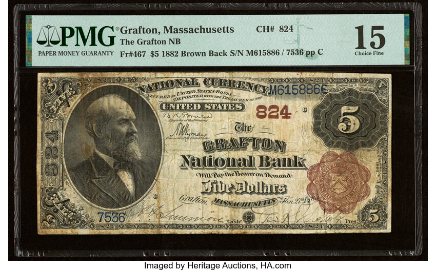 image for: Grafton, MA - $5 1882 Brown Back Fr. 467 The Grafton National Bank Ch. # 824 PMG Choice Fine 15....