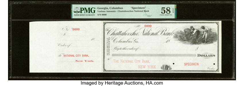 image for: Columbus, GA - The Chattahoochee National Bank Specimen Check (Ch. # 1630) 18__ PMG Choice About Unc 58 EPQ....