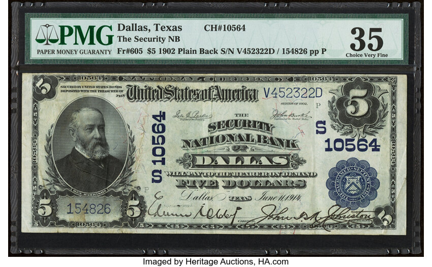image for: Dallas, TX - $5 1902 Plain Back Fr. 605 The Security National Bank Ch. # (S)10564 PMG Choice Very Fine 35....