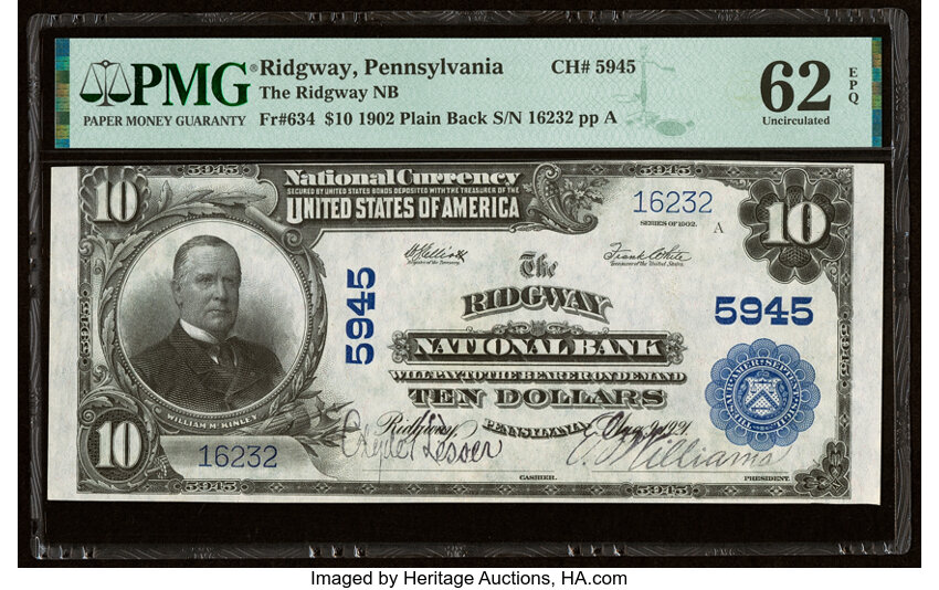 image for: Ridgway, PA - $10 1902 Plain Back Fr. 634 The Ridgway National Bank Ch. # 5945 PMG Uncirculated 62 EPQ....