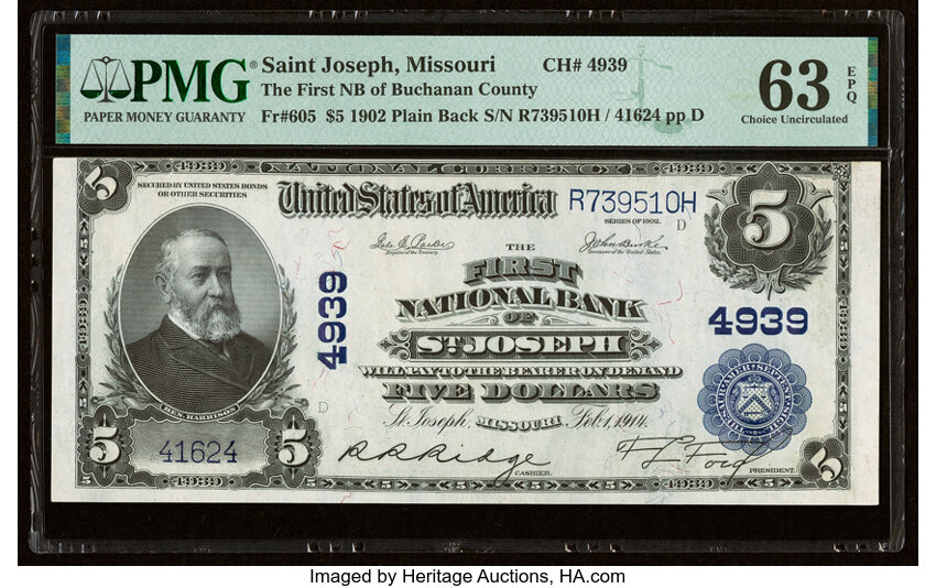 image for: Saint Joseph, MO - $5 1902 Plain Back Fr. 605 The First National Bank Ch. # 4939 PMG Choice Uncirculated 63 EPQ....